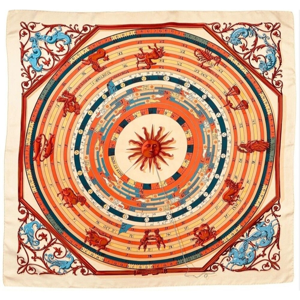 RARE VINTAGE HERMES Silk Scarf "Dies et Hore" Astrologie Classic Care' 90 Mint